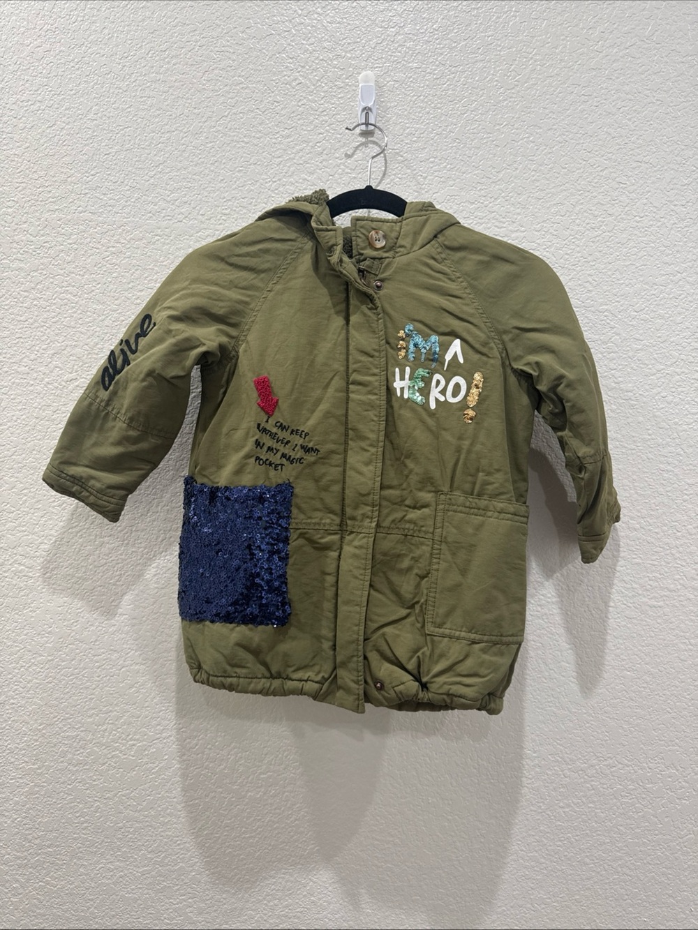 Zara Olive Green Hooded Puffer Jacket with Blue Sequin Pocket